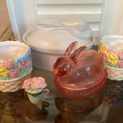 Pink Glass Bunny Dish with Ceramic Planters, M. Bastin Trinket Box and WCL Ceramic Bunny Tureen