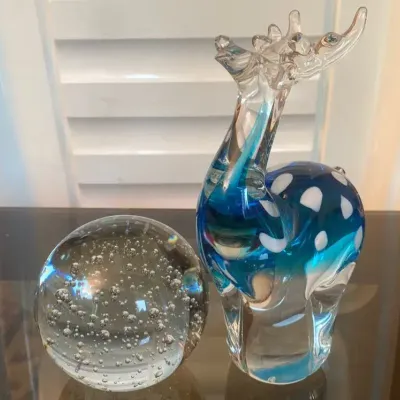 Large Glass Paperweight with Blue Glass Deer