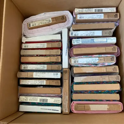 Large Box With Bolts Of Fabric Mostly Cotton Prints