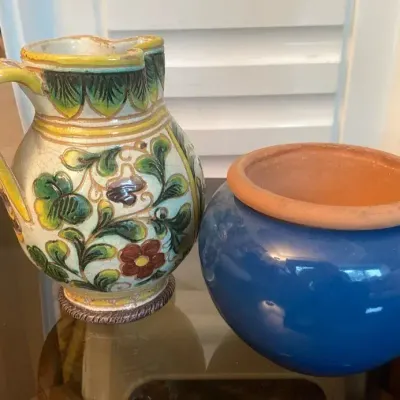 Hand Painted Pitcher with Blue Planter Both Made In Italy