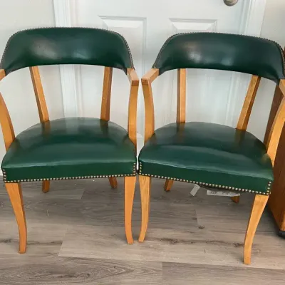 Pair Of Vintage Green Leather Game Table Chairs With Rivet Detail