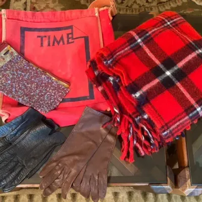 Leather Gloves with Vintage Time Tote Bag, Faribo Blanket and Scarf