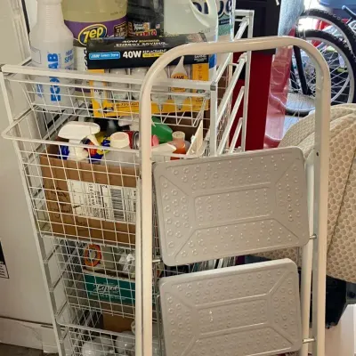 Wired Drawers Full Of Household Cleaning Supplies & Light Bulbs Including Step Ladder