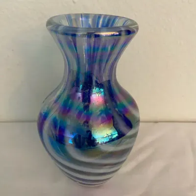 Iridescent Blue Clear & White Swirl Handblown Vase