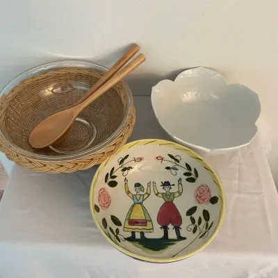 Hand Painted Folk Art Bowl, Glass Bowl In Wicker With Serving Pieces & White Floral Shaped Bowl