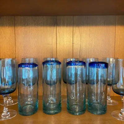 4 Mexican Hand Blown Drinking Glasses & 8 Blue Tulip Wine Glasses