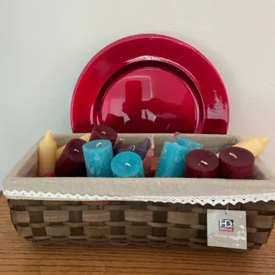 8 Red Plastic Holiday Plates & Basket Of Candles