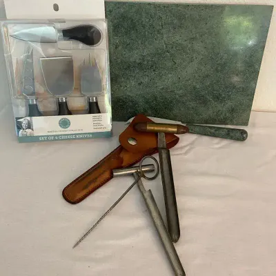 Vintage Set Of Three Cheese Tools In Leather Sheath, Cheese Knives & Platter With Knife