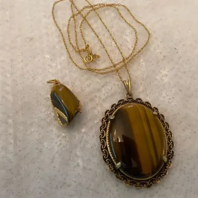 Tigers Eye Cabochon on Gold-Fill Chain with Tigers Eye Pendant 
