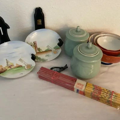 Ardalt Hand painted Wall Plates, Rice Bowls, Chopsticks & Tea Canisters 