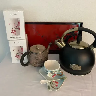 Susteas Stove Top Whistling Tea Pot, Pewter Teapot, Tea Infusers, Tray & Garden Party Cup + Saucer