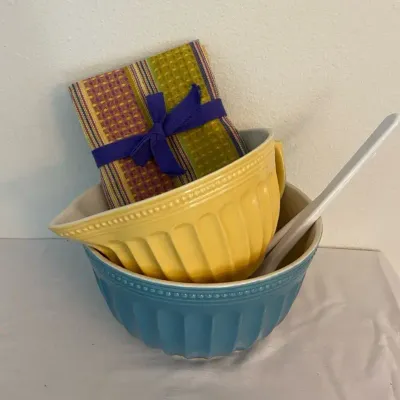 Yellow & Blue Mixing Bowls With Salad Tongs & New Colorful Kitchen Towels