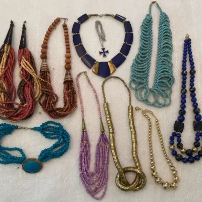 Blue, Brown and Brass-tone Beaded Statement Necklaces