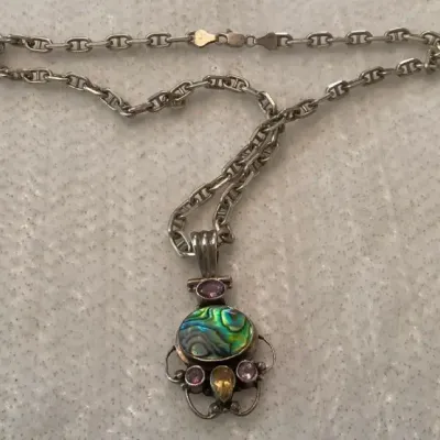 Silver, Stones and Abalone Pendant on Silver Chain
