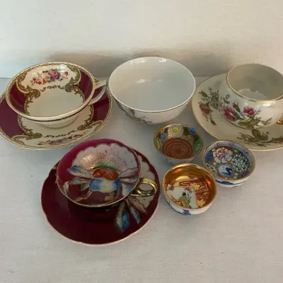 Vintage China Tea Cups In Floral Patterns With Three Saki Cups