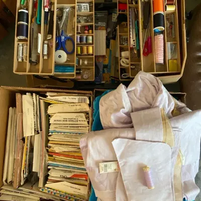 Large Sewing Lot With Vintage Patterns, Sewing Box Full If Supplies & Misc Fabric 