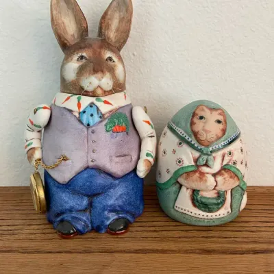 Vintage Salamander Rabbit Figure (Alice In Wonderland) & Painted Bisque Cat