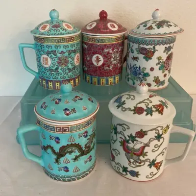 Porcelain Enameled Chinese Covered Coffee/Tea Mugs
