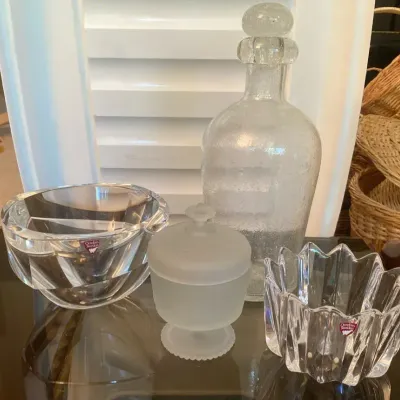 Orrefors Sweden Glass Bowls with Frosted Glass Candy Dish and Blown Glass Decanter