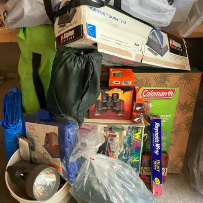 Huge Camping Lot With Alpine Tent, Tarps, Coleman Table, Gas Grill, Binoculars & More