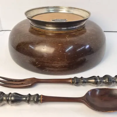 Sterling Silver Accented Hunt Silver Mahogany Salad Bowl Serving Set