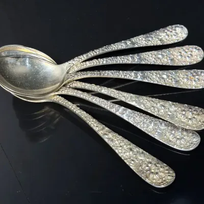 Sterling Silver Stieff "Rose" Soup Spoons, Monogrammed (5) 