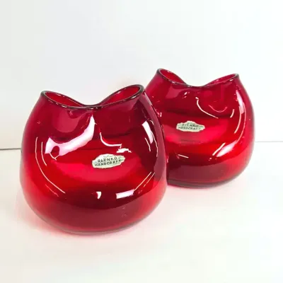 Vintage Blenko Handcrafted Red Ivy Pinch Glass Vases 