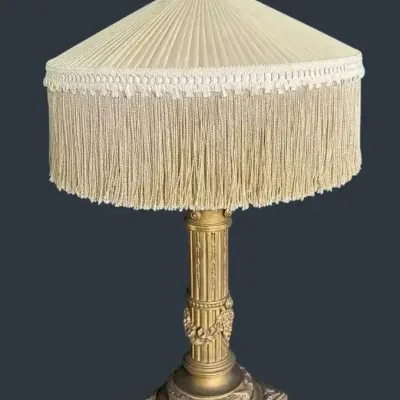 Vintage Louis XVI Revival Gilt Metal Column Table Lamp with Fringe Shade- 30" 