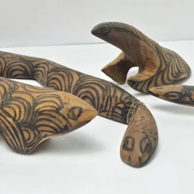 Aboriginal-Style Hand-Carved Wood Pyrography Animal Figures (4)