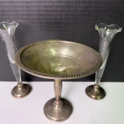 Weighted Sterling Silver Footed Bowl & Glass Bud Vases with Weighted Sterling Bases