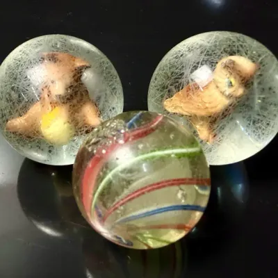 Encapsulated Bear with Honey Pot & Owl Art Glass Spheres; Plus Hand Blown Swirl Marble