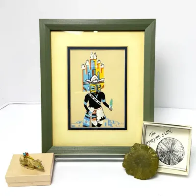Illinois Pyrite Sun & Southwestern Carved Stone Bear Fetish & Kachina Serigraph