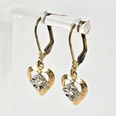 14K Yellow & White Gold Diamond Heart Dangle Earrings - 1.25"