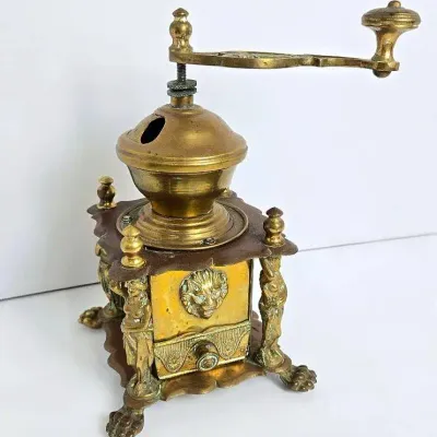 Ornate Brass Coffee Grinder with Figural Pillars & Claw Feet