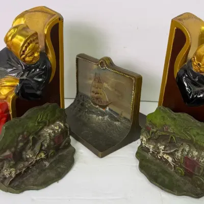 Bradley & Hubbard Painted Ship Bookends, Plus Armor Bronze Couple & Stagecoach