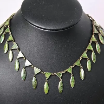 Vintage Taxco Mexico J Comes Sterling Silver Green Stone Fringe Necklace