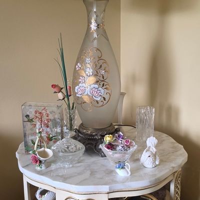 Sale Photo Thumbnail #29: Vintage French Provincial Style Two-Tier Side Table with Faux-Marble Top