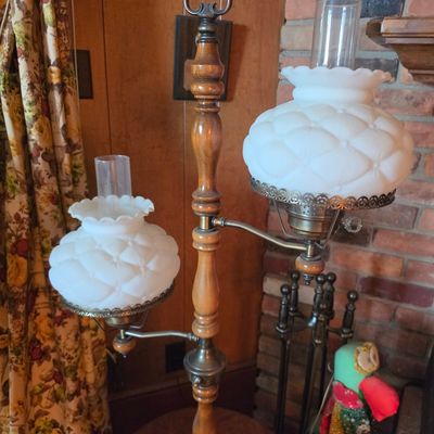 Sale Photo Thumbnail #32: Vintage Dual-Arm Hurricane Floor Lamp with Quilted Milk Glass Shades