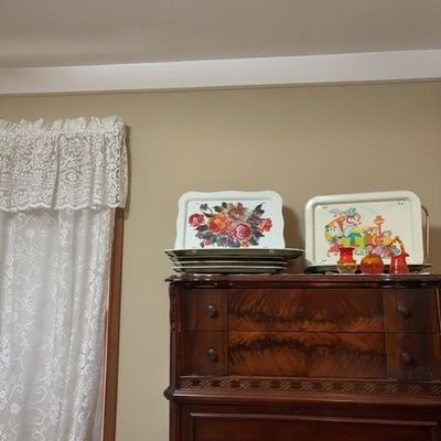 Sale Photo Thumbnail #85: Vintage Metal TV Trays - Floral and Children's Train Motifs