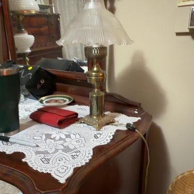 Sale Photo Thumbnail #55: Vintage Brass Electric Oil Lamp with Fluted Glass Shade