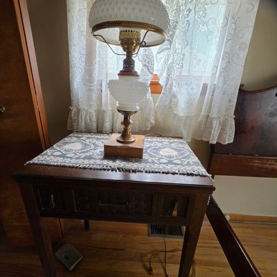 Sale Photo Thumbnail #39: Vintage Milk Glass Hobnail Electric Student Lamp