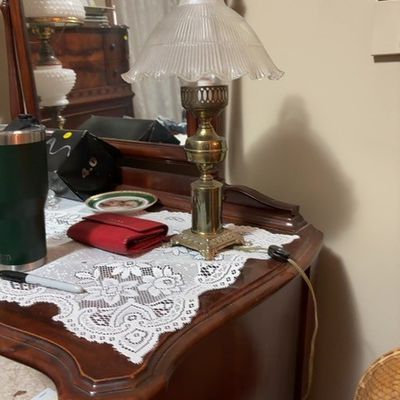 Sale Photo Thumbnail #59: Vintage Brass Oil-Style Electric Table Lamp