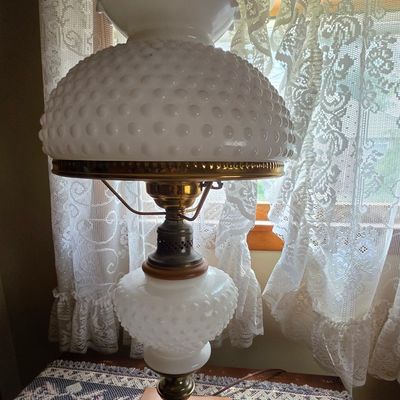 Sale Photo Thumbnail #30: Vintage Milk Glass Hobnail Student Lamp with Wood Base