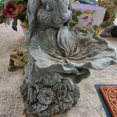 Sale Photo Thumbnail #66: Cast Stone Rabbit Holding Leaf Basin Bird Bath/Planter