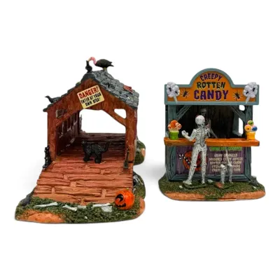 Lemax Spooky Town “Creepy Covered Bridge” & “Rotten Candy Stand” Figurines 