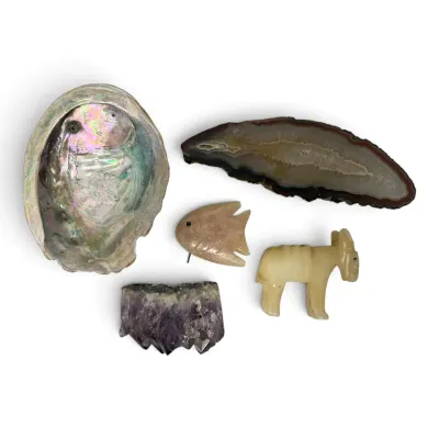Abalone, Crystals, & Carved Animal Figurines