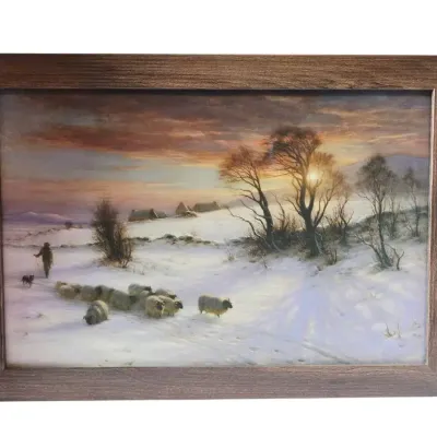 "Herding Sheep in a Winter Landscape at Sunset" Framed Print by Joseph Farquharson (17" x 24.5")