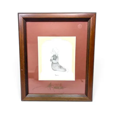 Framed P. Buckley Moss Pencil Sketch of Young Girl Praying