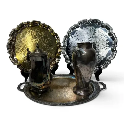 Silver & Gold-Toned English Trays, Pots, & Shakers