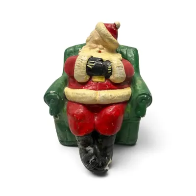 Vintage Chalkware Santa Sleeping on Green Chair Coin Bank